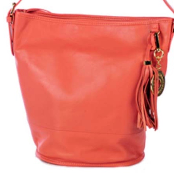 BUCKET BAG, ISAAC MIZRAHI, SOFT LEATHER, CORAL, TOP ZIP CLOSURE, REMOVABLE/ADJUS - Picture 1 of 14